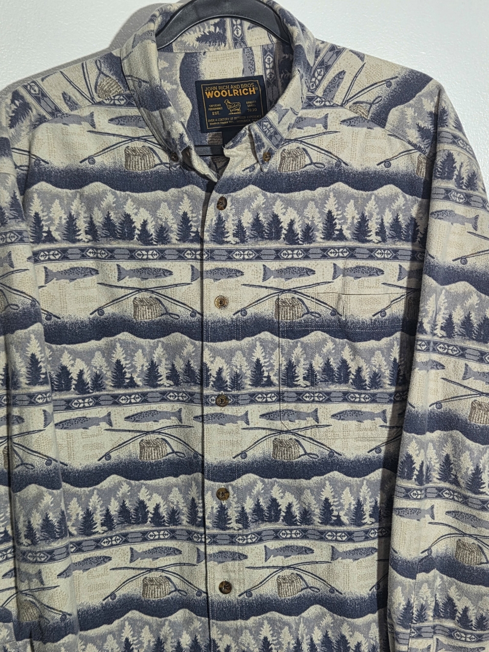 Woolrich Flannel Shirt Mens 2XL Fisherman Print Button Down Long Sleeve Cotton